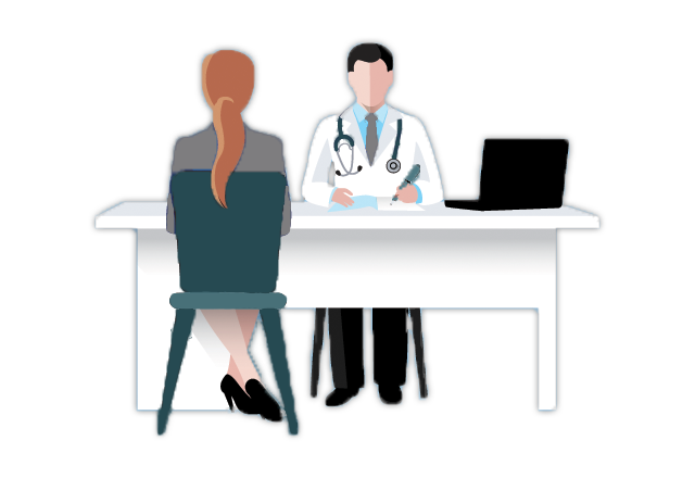 Illustration of a doctor and patient sitting at a table across from each other with laptop on the desk.